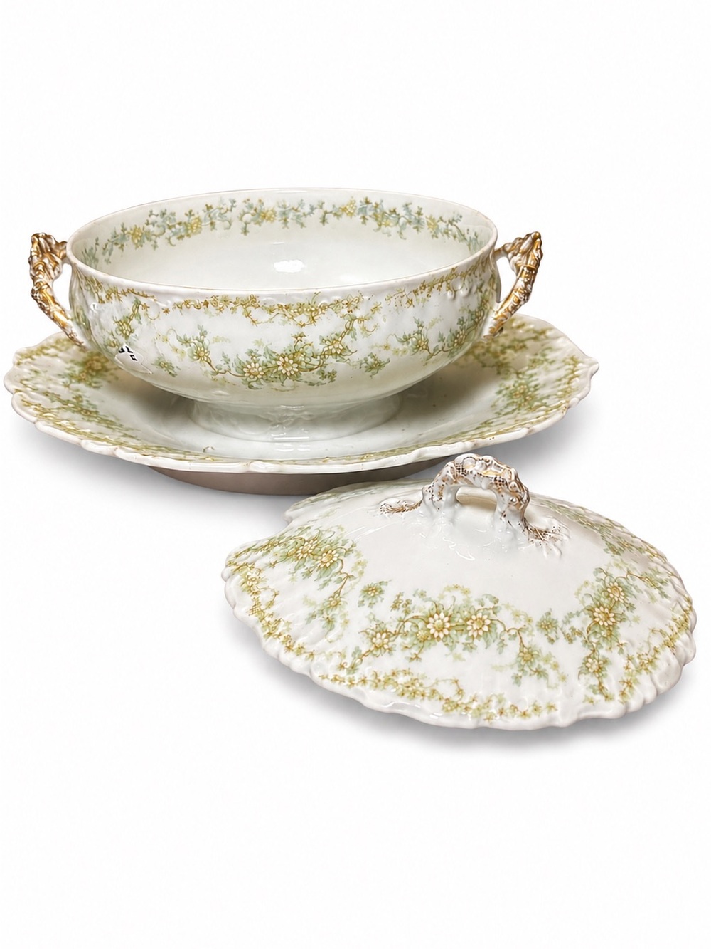 Elite Limoges France Covered Tureen Underplate Antique Green Floral